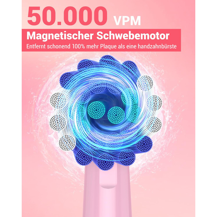 Обертова електрична зубна щітка для дорослих та дітей з 8 насадками, електрична зубна щітка з настінним тримачем та зарядною станцією, 5 режимів чищення та дорожній футляр, 60 днів роботи від акумулятора (Рожева)