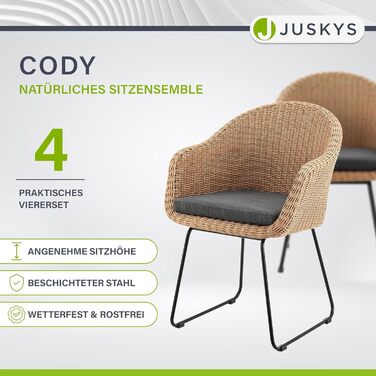 Плетене крісло з ротанга Juskys Cody Set з 4 шт. з подушками - Ротангові крісла для внутрішнього та зовнішнього використання - Плетене крісло з навантаженням до 100 кг - Плетені крісла Modern - Натуральні крісла