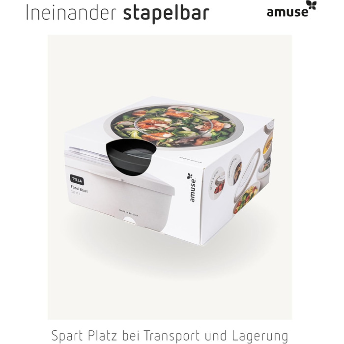 Набір з 3 мисок Amuse Tylla (200 мл, 1000 мл, 2000 мл) Герметичні контейнери для зберігання їжі з кришками для приготування їжі Контейнери для зберігання їжі без бісфенолу А для дітей та дорослих, можна мити в посудомийній машині Набір з 3 вугільних чашок