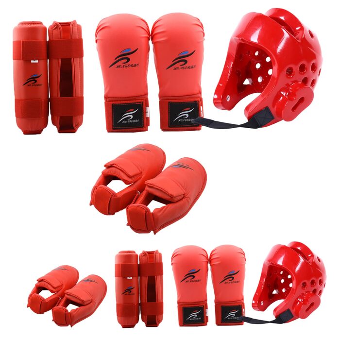 Захисне спорядження для спарингу, захисне спорядження для спарингу карате з поліестеру, тхеквондо, включає 1 шолом, 1 пару рукавичок та 1 пару захисних наколінників, також підходить для велоспорту, бойових мистецтв тощо, червоний, розмір S