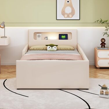 Сучасне дитяче ліжко 90x200 см з м&39якою оббивкою, ліжко з рейковою основою та місцем для зберігання речей, м&39яке узголів&39я зі світлодіодним нічником та USB-портом для зарядки, штучна шкіра, дитяче ліжко для хлопчиків та дівчаток (бежевий)