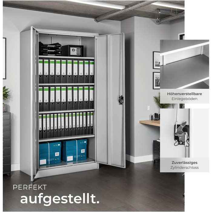 Картотечна шафа tectake, 180 x 90 x 40 см, офісна шафа, що замикається, багатоцільова сталева шафа, універсальна шафа, з 2 дверима, включаючи 5 полиць з регульованою висотою, картотечна шафа, що замикається - сіра