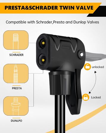 Велосипедний насос VOGORA, підлоговий, 16.5 дюймів (~42 см), 11 бар / 160 PSI, інтегрований циліндр (сталь), чорний