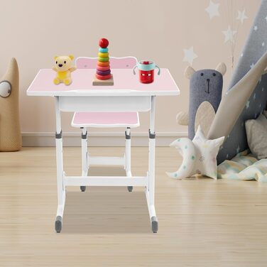Дитячий письмовий набір, дитячий стіл з регульованою висотою (стіл 64-76 см, стілець 36-42 см), стіл з гачками, шухлядою та лотком для ручок для дітей віком 3-18 років, навчання письму та малюванню (рожевий, білий)
