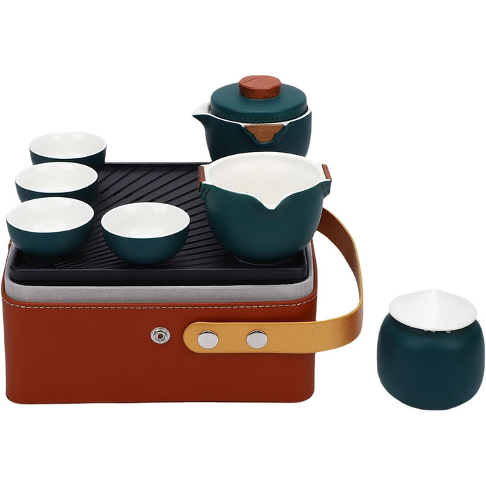 Гонфу-чайний сервіс, портативний керамічний чайний набір в елегантній коричневій коробці та темно-зеленому кольорі, для подорожей, дому, як подарунок, на відкритому повітрі та в офісі