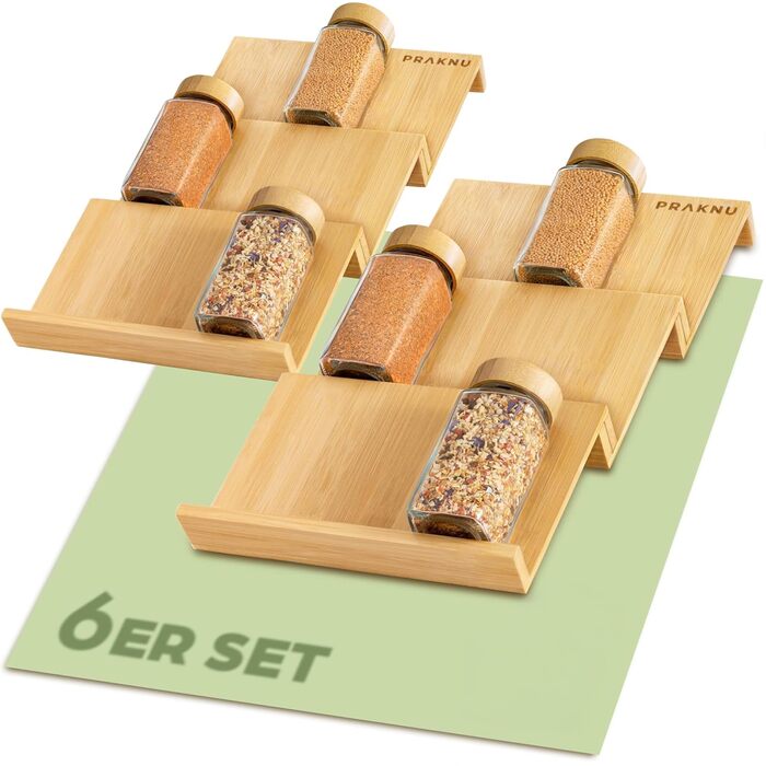 Органайзер для спецій Praknu з шухлядою, дерев&39яний, сертифікований FSC - для 24 банок для спецій (19x13x3 см) - з протиковзким килимком - 6 ярусів - ящик для органайзера для спецій, набір з 6 шт. для 24 банок