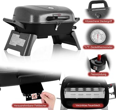 Газовий гриль Royal Gourmet 3,5 кВт портативний настільний гриль з ручками та складаними ніжками для кемпінгу, саду та балкона