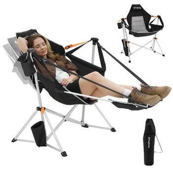 Легке крісло-гойдалка для кемпінгу KingCamp, складне крісло-гойдалка для кемпінгу з 3 регульованими спинками, розкладне вуличне крісло-гойдалка з тримачем для напоїв, підвісне крісло-гойдалка для використання в приміщенні, вітальня, сад, патіо, чорне з пі