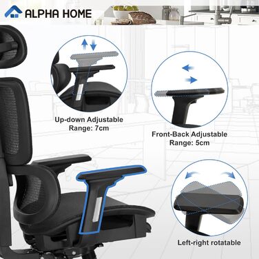 Офісне крісло ALPHA HOME, ергономічне робоче крісло з підставкою для ніг та регульованим підголівником, дихаюче крісло керівника з 3D-підлокітниками та високою спинкою, комп&39ютерне крісло, витримує вагу до 160 кг, чорне - з підставкою для ніг та підголі