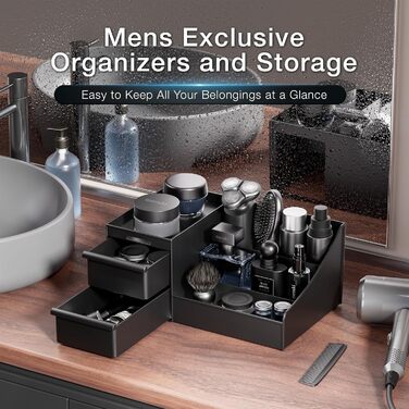 Чорний косметичний органайзер для чоловіків, органайзер для туалетного столика з шухлядами, місце для зберігання косметики та одеколону, скринька для ванної кімнати та спальні (матово-чорний)