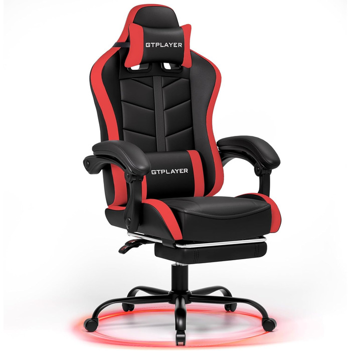 Ігрове крісло GTPLAYER, офісне крісло, геймерське крісло, ергономічне ігрове крісло з підставкою для ніг, крісло для ПК зі штучної шкіри з розширеною спинкою, вантажопідйомність 150 кг, червоне
