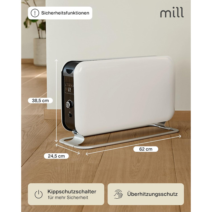 Електричний конвектор Mill 2200Вт для приміщень 26-30м, безшумний обігрівач з таймером та LED-дисплеєм, білий