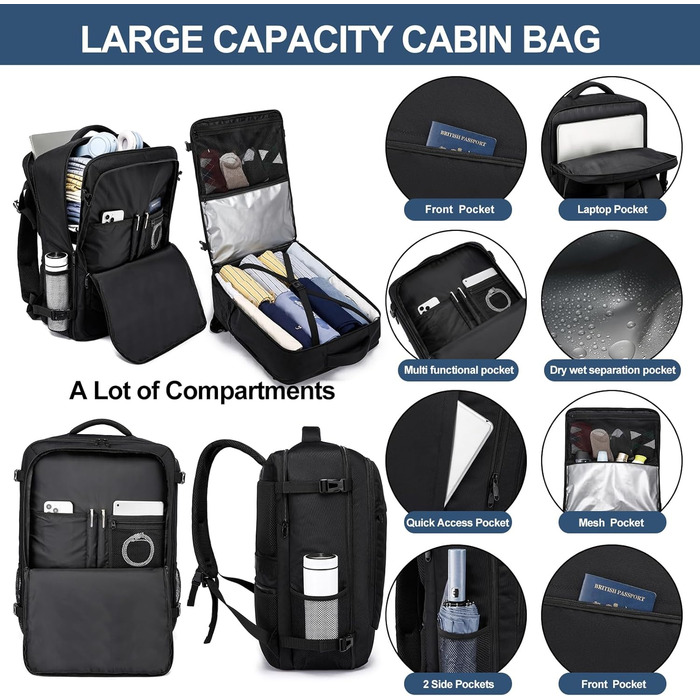 Рюкзак для ручної поклажі 55x40x20 см, місткість 44 л, великий дорожній рюкзак, ручна поклажа 55x40x20 см, дорожня сумка 55x40x20 см, рюкзак для 18-дюймового ноутбука, чорний, Lufthansa 55x40x20 см - 44 л