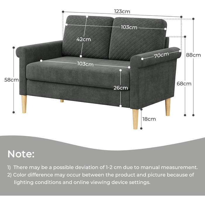 Місний диван Vesgantti, невеликий тканинний диванчик з підлокітниками, міні-диван для вітальні/квартири/офісу, легке складання, 123 x 70 x 88 см, сірий, міні-2-місний, 2-