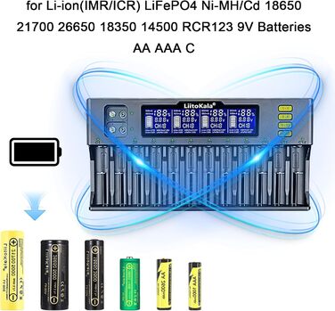 Сумісний з Li-ion 26650/22650/18650/18490/18350/17670/17500/17355/16340/14500/10440/AASA тощо AA/SC NI-MH та NiCdA, AA, AAA, SC., 12 Ladegert