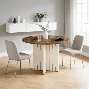 Круглий обідній стіл LITTLE TREE, сучасний кухонний стіл 100 см, обідній стіл з круглою дерев&39яною основою, велика робоча поверхня з МДФ для 4-6 осіб, коричневий та бежевий