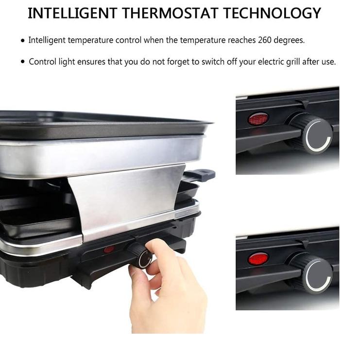 Раклетний гриль на 8 осіб з антипригарним покриттям, раклет з 8 міні-сковородами для раклету та 4 дерев'яними лопатками, плавно регульована температура, 1500 Вт, нержавіюча сталь 8 осіб