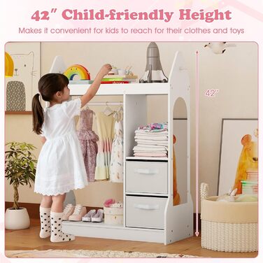 Дитяча шафа FANTASK з тканинними шухлядами, 81 x 38 x 107 см, Дитяча шафа з дзеркалом та вішалкою для одягу, Дерев&39яна вішалка для одягу для дитячих кімнат (біла)