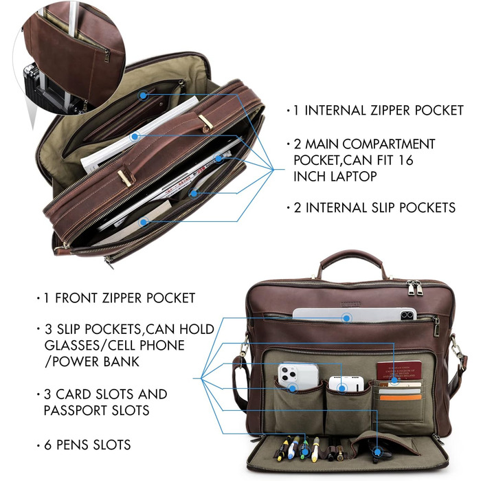 Контакти Шкіряний портфель для чоловіків, 16-дюймовий ноутбук сумка для офісу, шкіряний месенджер з ремінцем для візка, ПК портати