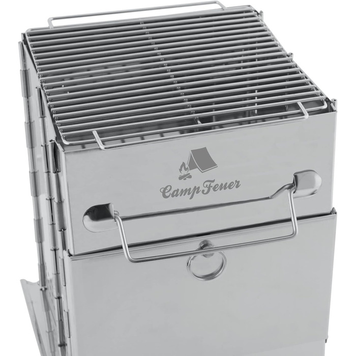 Складаний гриль з нержавіючої сталі CampFeuer 22 x 20,5 x 27 см Складаний гриль Кемпінговий гриль для походів та використання на свіжому повітрі Складаний портативний гриль, портативний кишеньковий гриль, сріблястий кемпінговий гриль