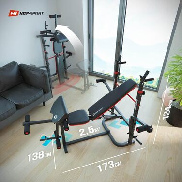 Силова лава Hop-Sport, багатофункціональна складна тренувальна лава зі стійкою для штанги, накладкою для гри в стилі &quotметелик&quot та згинання рук, для силових тренувань вдома, максимальне навантаження 250 кг