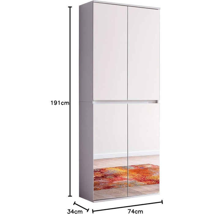 Дзеркало - Шафа - Біла - Багатофункціональна шафа з великою кількістю місця для зберігання - (Ш x В x Г) 74 x 191 x 34 см - анга для одягу та 6 полиць, 4 дверцята