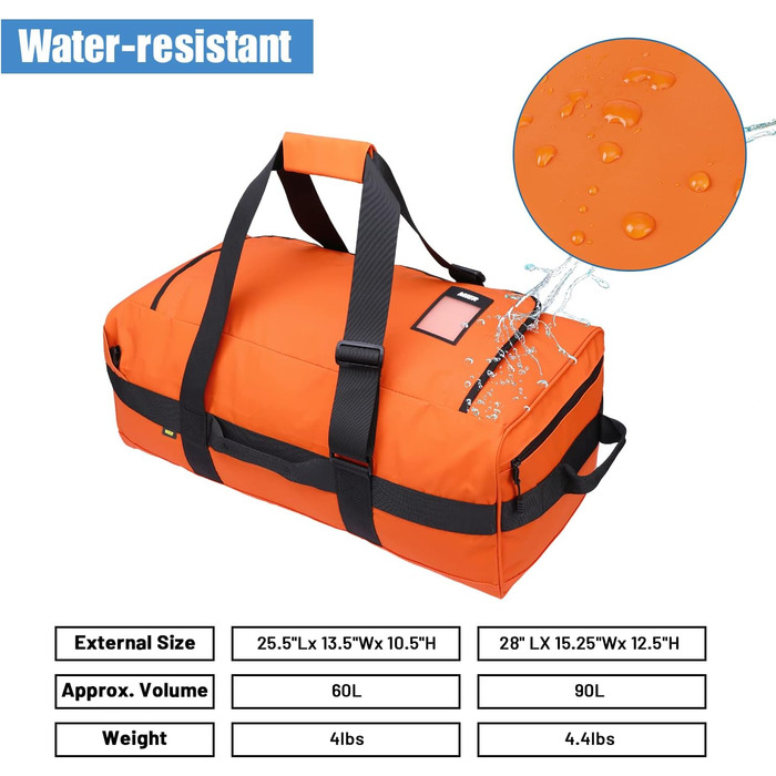 Чоловіча спортивна сумка MIER, водостійка дорожня сумка, великий міцний трансформований спортивний рюкзак з ремінцями для рюкзака та відділенням для взуття для спортзалу, спорту, подорожей, сумка для речей, 60 л/90 л помаранчевого кольору 60 л