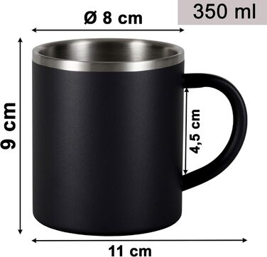 Термокружка з нержавіючої сталі 350 мл - з подвійними стінками - ізольована кружка з ручкою, без кришки. Кружка з нержавіючої сталі, термокружка, кавова кружка, кавова чашка, чорна, 4 предмети.
