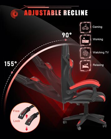 Ігрове крісло bigzzia зі світлодіодним підсвічуванням - Ергономічне ігрове крісло з підголівником, ігрове крісло з RGB-підсвічуванням, комп&39ютерне крісло для підлітків та дорослих, чорно-червоне