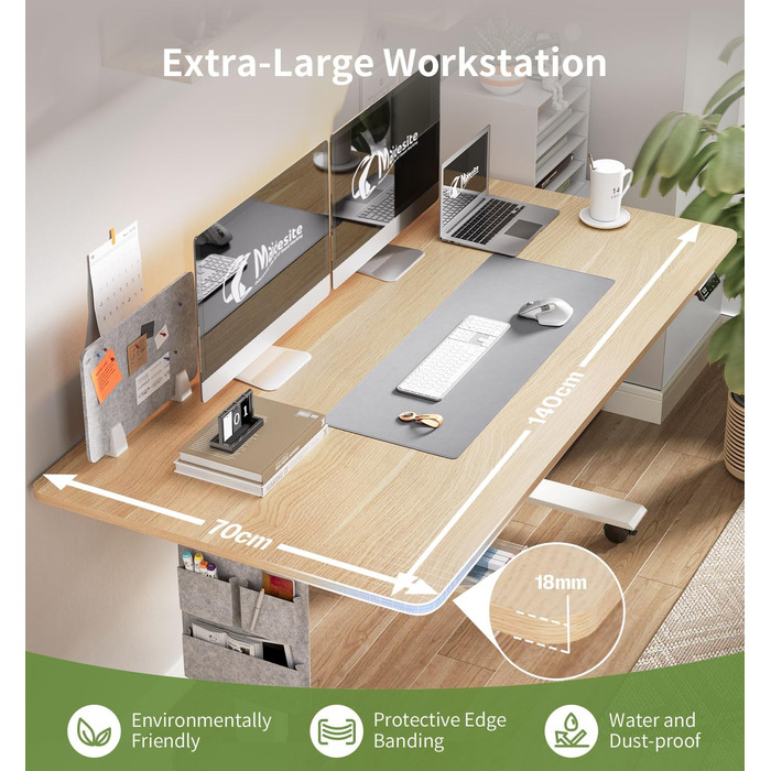 Письмовий стіл з регульованою висотою (140 x 70 см) Комп&39ютерний стіл з електричним регулюванням висоти, 4 режимами пам&39яті, дошкою для записів та колесами, що обертаються на 360 Стіл SN1 140 x 70 см, дуб біла рама