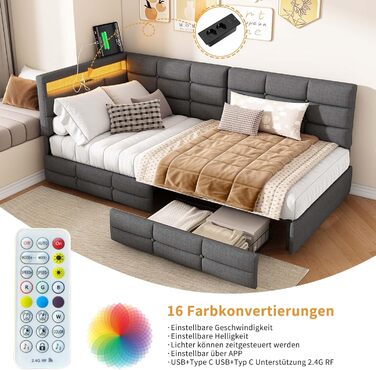 М&39яке ліжко/диван-ліжко 90x200 з 2 шухлядами для зберігання речей, дитяче ліжко 90x200 зі світлодіодним освітленням та зарядною станцією USB, односпальне ліжко з дерев&39яним рейковим каркасом, лляно-сірий (без матраца) лляно-сірий 90x200 см