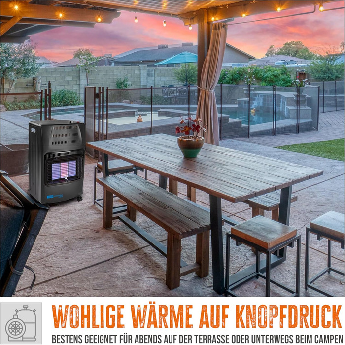 Газовий обігрівач Gde GGH 4200 K (4200 Вт, 3 рівні нагріву, п&39єзорозпалювання, портативний, робочий тиск 50 мбар, керамічні нагрівальні елементи, термозапобіжник, 4 фіксуючі ролики, вкл. газовий шланг та регулятор тиску)