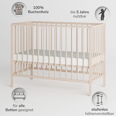Дитяче ліжечко Smann 60x120 см - підходить від 0 до 4 років - на колесах та трансформується в дитяче ліжечко - система ременів безпеки та регулювання висоти для всіх ліжок - натуральний колір