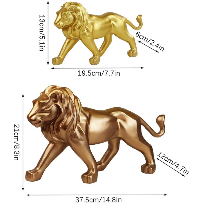 Домашній декор лев статуя скульптура, декоративний орнамент лева ручної роботи з полімерної смоли, колекційна фігурка дикої тварини для дому, офісу, робочого столу (золото-19.5x6x13см)