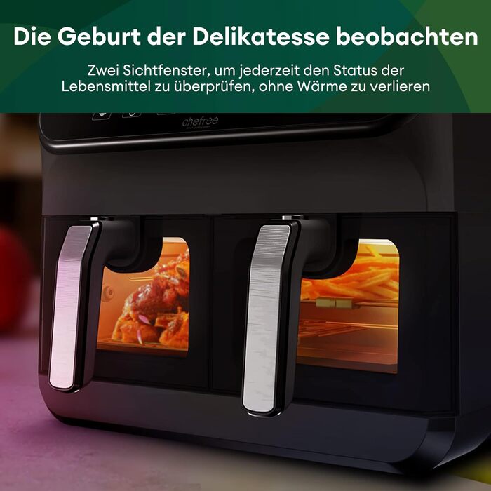 Двозонна фритюрниця CHEFREE з оглядовим вікном, подвійна фритюрниця ємністю 8 л XL, світлодіодний сенсорний екран, антипригарне покриття, 8-в-1, розумна функція та функція таймера, кошики, безпечні для посудомийної машини, чорний, AFW20