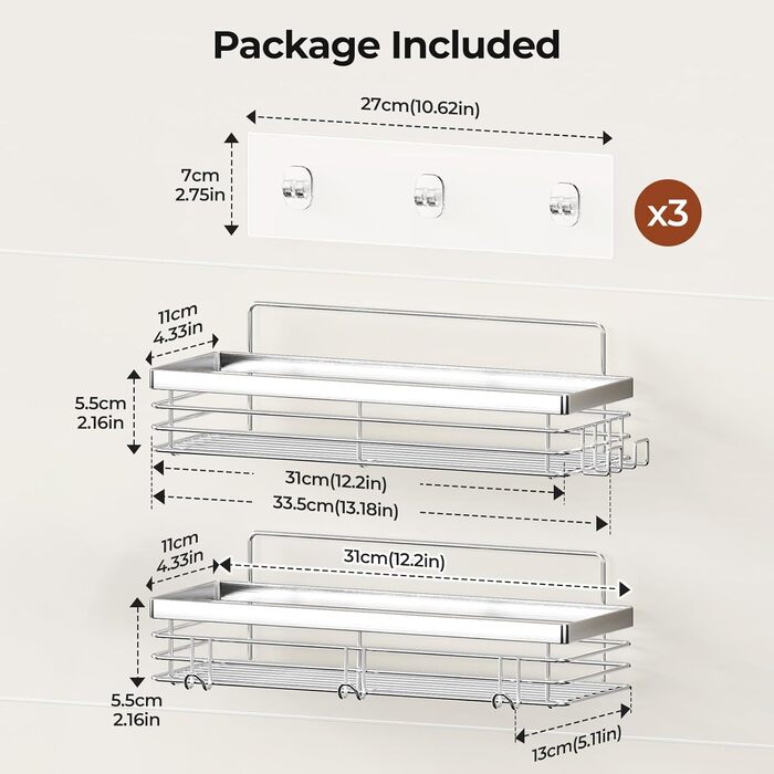 Полиця для душу Orimade без свердління - Душова полиця з 5 гачками, полиця для ванної кімнати без свердління, нержавіюча сталь, 2 шт., 01-Сріблястий