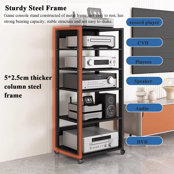Аудіостека, полиця для Hi-Fi, аудіо-відео стійка з 6 рівнями, пересувна підставка для AV-медіа, кутова полиця з дерева, програвач програвача, шафа для стереокомпонентної консолі, відкрита полиця для домашнього офісу/кінотеатру, 6-рівнева червона