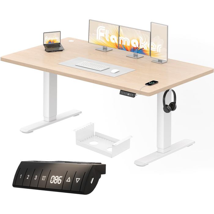 Письмовий стіл з регульованою висотою 160 x 80 см, електрично регульований стіл з функцією пам&39яті, комп&39ютерний стіл з організацією кабелів, стіл для роботи стоячи, офісний стіл, бежевий 160 x 80 см