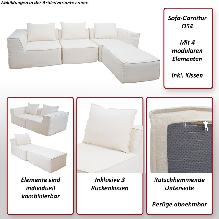 Диван-готель з оттоманкою, модульне розкладання праворуч/ліворуч, тканина/текстиль 63x270x190 см - кремовий, 54