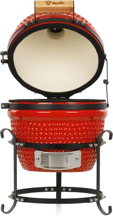 Вугільний гриль Haiiro Ø 32 см з термометром, дерев'яна ручка червоний керамічний гриль Kamado, міні-гриль на вугіллі, міні-гриль