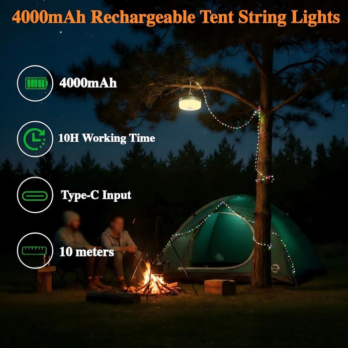 М кемпінгові гірлянди, висувні кемпінгові гірлянди, 4000 мАг та 13 режимів освітлення, портативні акумуляторні світлодіодні гірлянди 4-в-1, портативне освітлення для кемпінгу на відкритому повітрі, 10