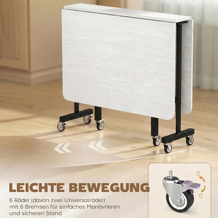 Розкладний обідній стіл, кухонний стіл для 4-6 осіб з колесами, сталеві ніжки, мобільний розкладний обідній стіл для невеликих приміщень, їдальня, кухня, 120 x 80 x 73 см, білий