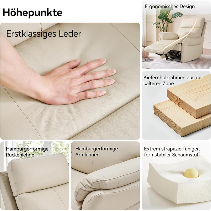 Крісло для відпочинку AIRSKY, крісло для телевізора зі справжньої шкіри з функцією відкидання, крісло для кінотеатру, крісло для сну, крісло для літніх людей, крісло для телевізора з функцією сну, крісло з ручним регулюванням для вітальні та спальні, беже