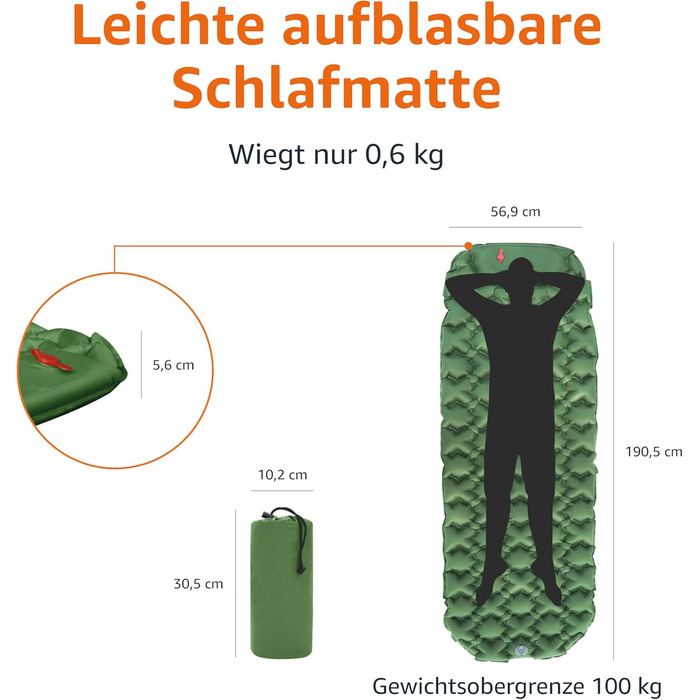 Килимок для сну Storeo Basics, легкий, водонепроникний, з ножним насосом, товщиною 5,6 см, оливково-зелений, M
