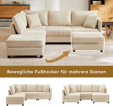 Модульний 5-місний диван з розкладною підставкою для ніг, L-подібної, U-подібної форми, підходить для вітальні, квартири тощо, бежевого кольору