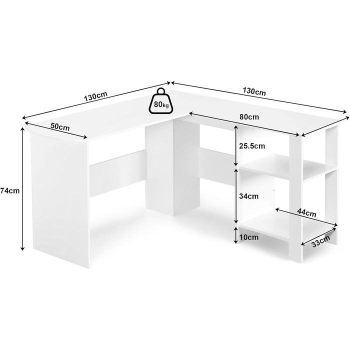 Г-подібний стіл Sweetcrispy з полицею та шафою, 130x130x74 см, кутовий стіл, міцний ігровий стіл з місцем для зберігання, легке складання, білий 130x130x74 см