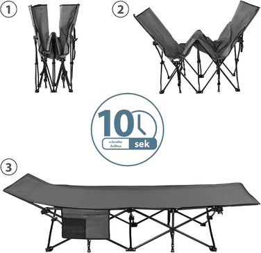 Ліжко для кемпінгу ALPIDEX, похідне ліжко до 200 кг, бічна кишеня, зручне, з м&39якою підкладкою, складне, розкладне гостьове ліжко, шезлонг, кемпінг, сад, сірий