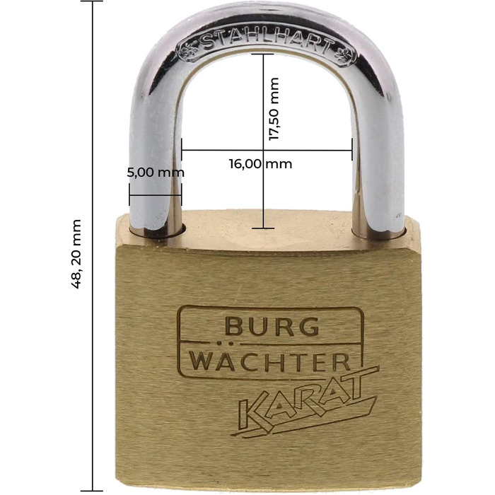 Замок навісний Burg-Wchter Karat 217 30/6, латунь, 5 мм, з ключем. Міцний, загартований, з захистом від зрізу дужки.