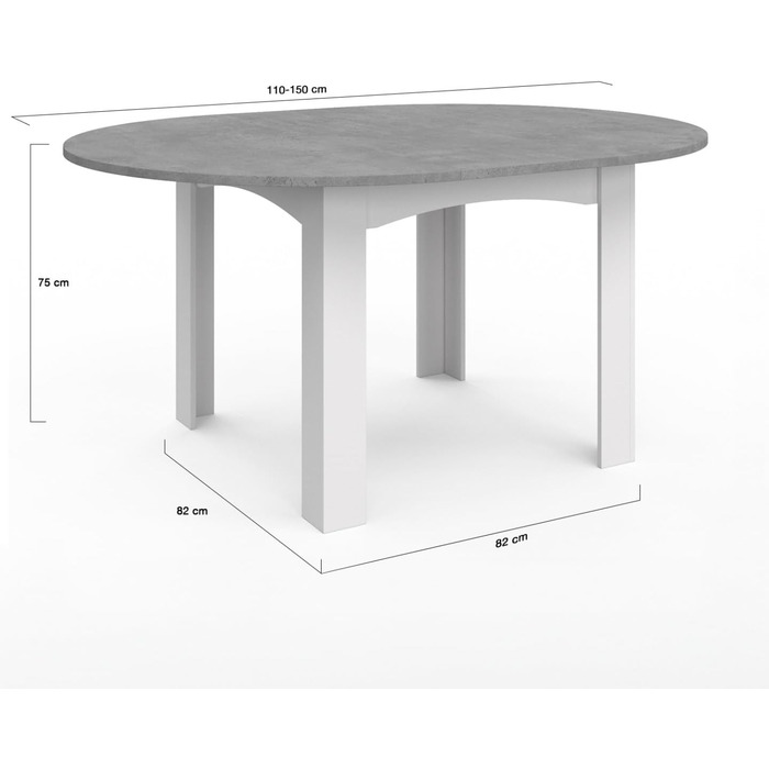 Розкладний круглий обідній стіл DONA для 4-8 осіб, білий, стільниця під бетон, 110-150 см