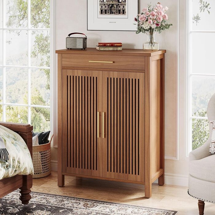 Вузька 5-ярусна взуттєва шафа Tribesigns з рейковими дверцятами та шухлядою Регульована дерев&39яна взуттєва полиця для передпокою, коридору та гардеробу 80 x 36 x 110 см, Коричневий